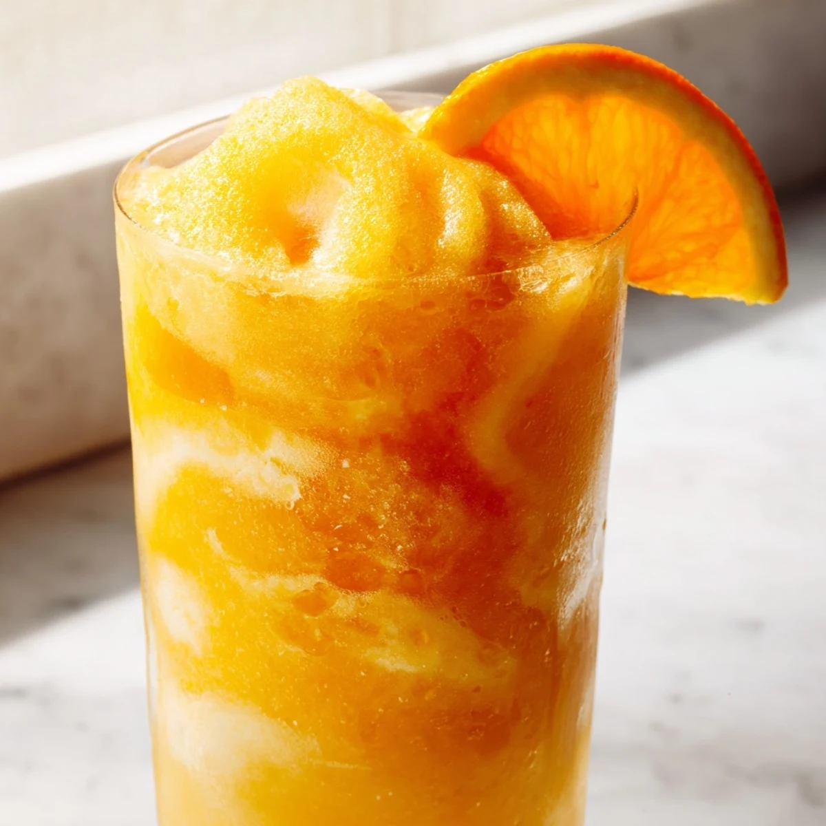Creamy citrus slush overflowing from chilled clear glass with mint sprig topping