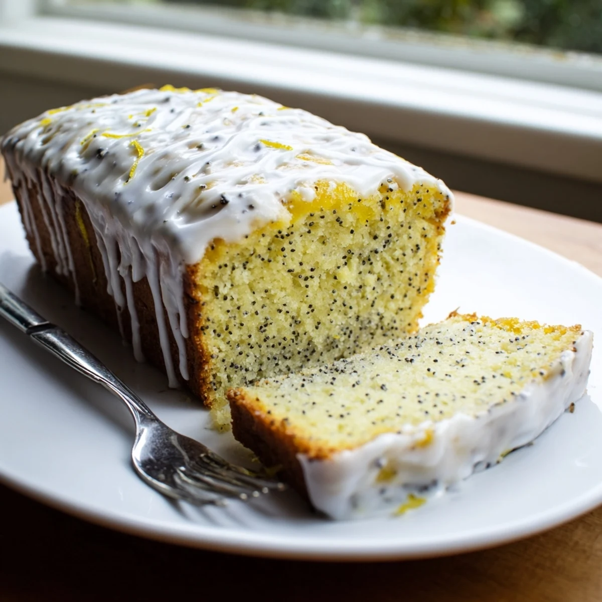 Golden lemon poppy seed loaf cake drizzled with white glaze on a white plate