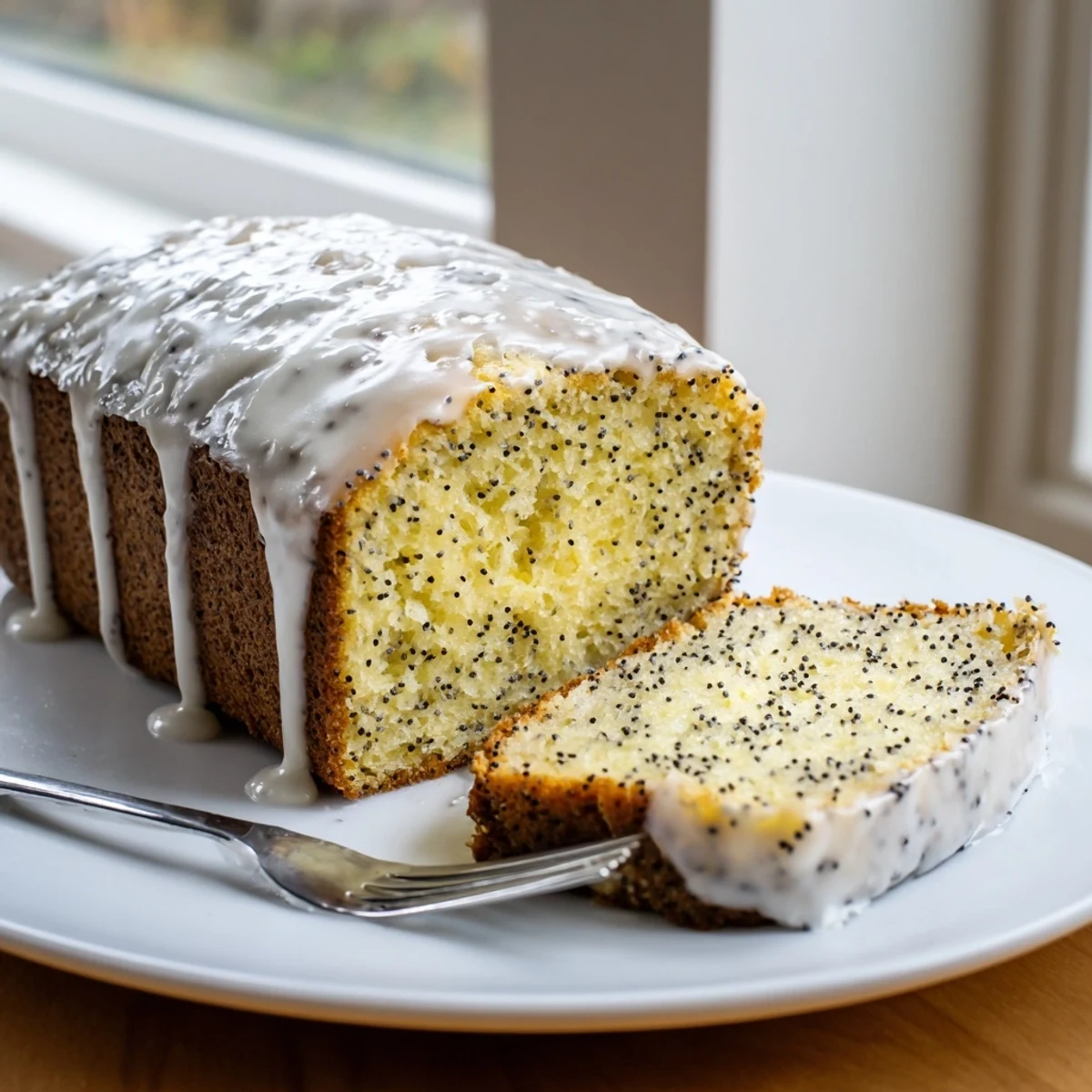 Moist lemon poppy seed cake slice topped with citrus glaze and fresh lemon zest