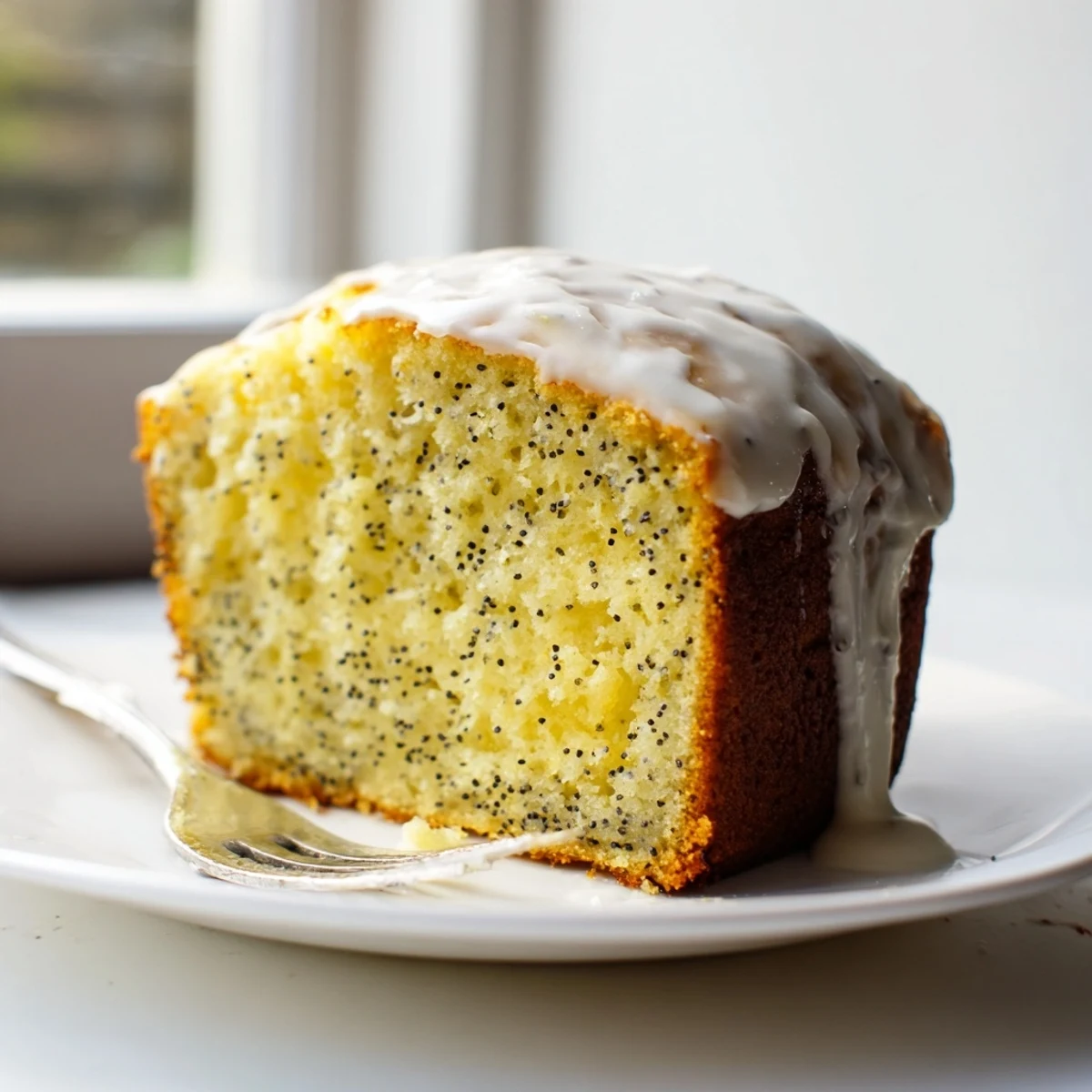Zesty lemon poppy seed dessert with sweet glaze and scattered poppy seeds visible