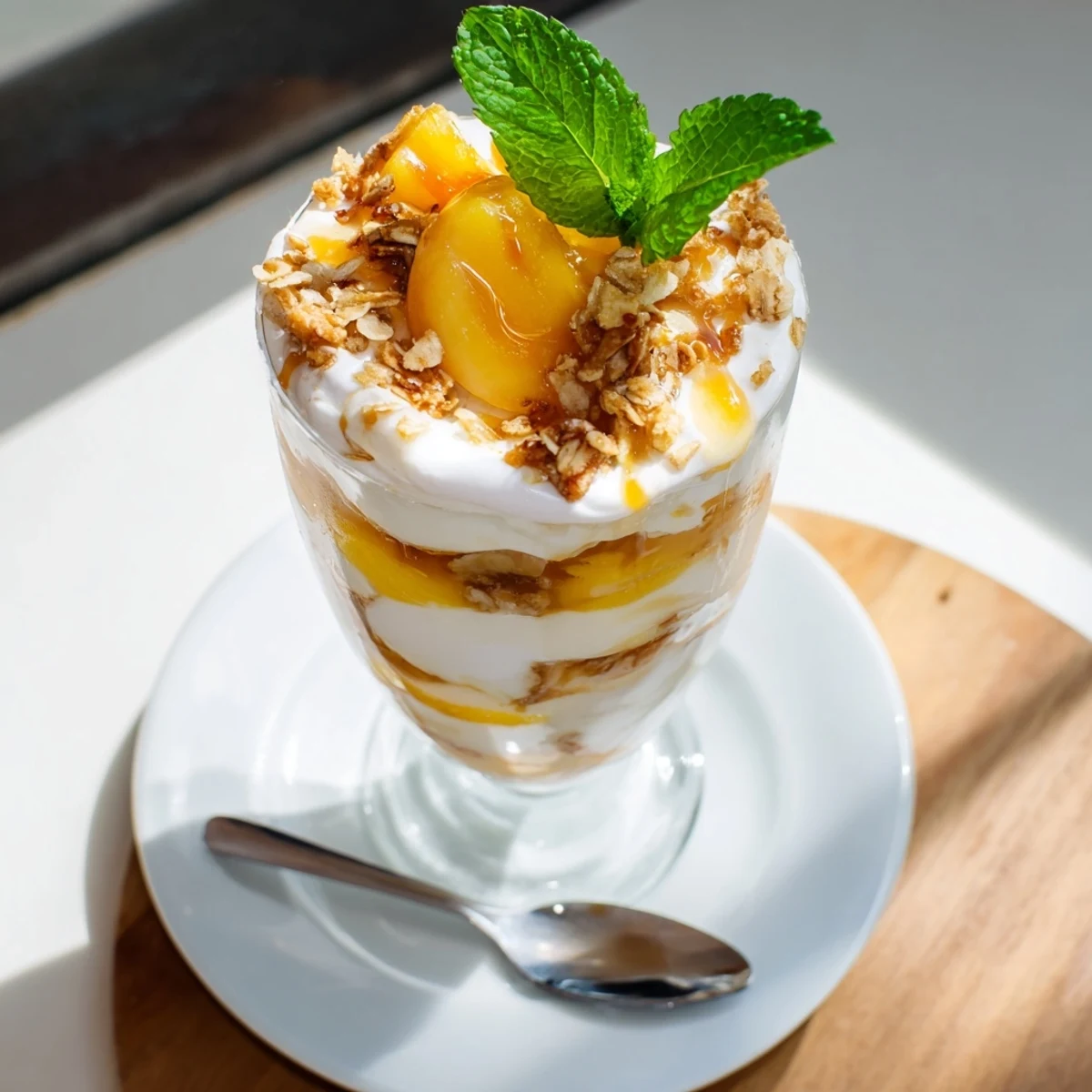 Golden sweet peach yogurt parfait layered with granola in clear glass bowl