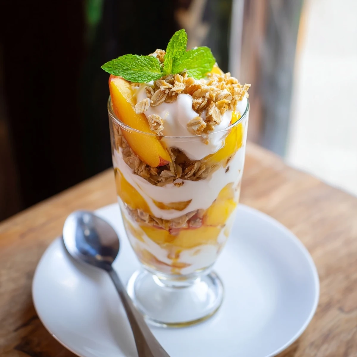 Creamy Greek yogurt parfait topped with ripe peach slices and crunchy honey granola