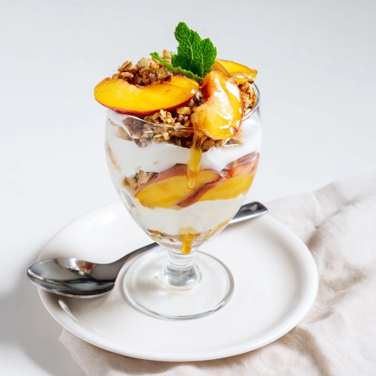 Layered sweet peach yogurt parfait dessert with fresh fruit and oat topping