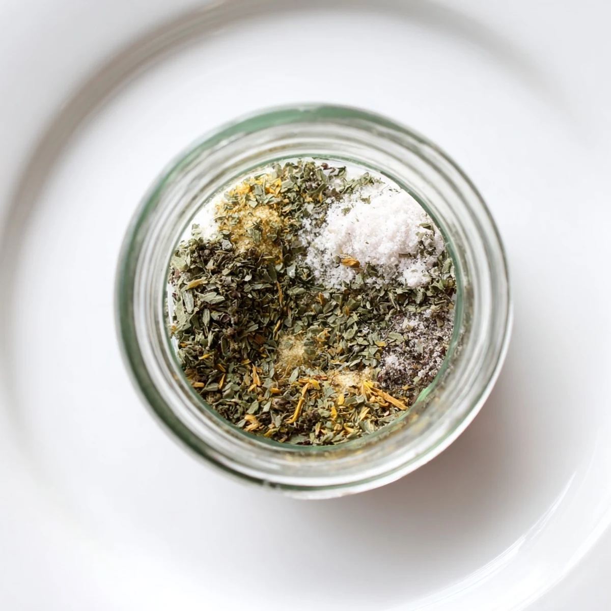 Close-up of vibrant green Greek tzatziki seasoning blend scattered on white wooden cutting board