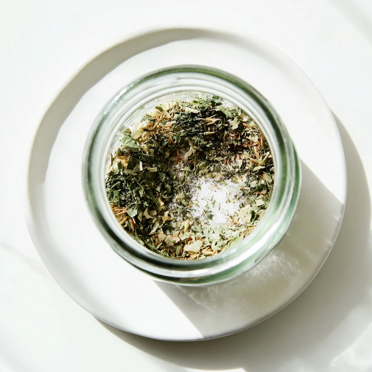 Spoonful of dehydrated tzatziki seasoning mix beside dried herbs and measuring spoons on rustic surface