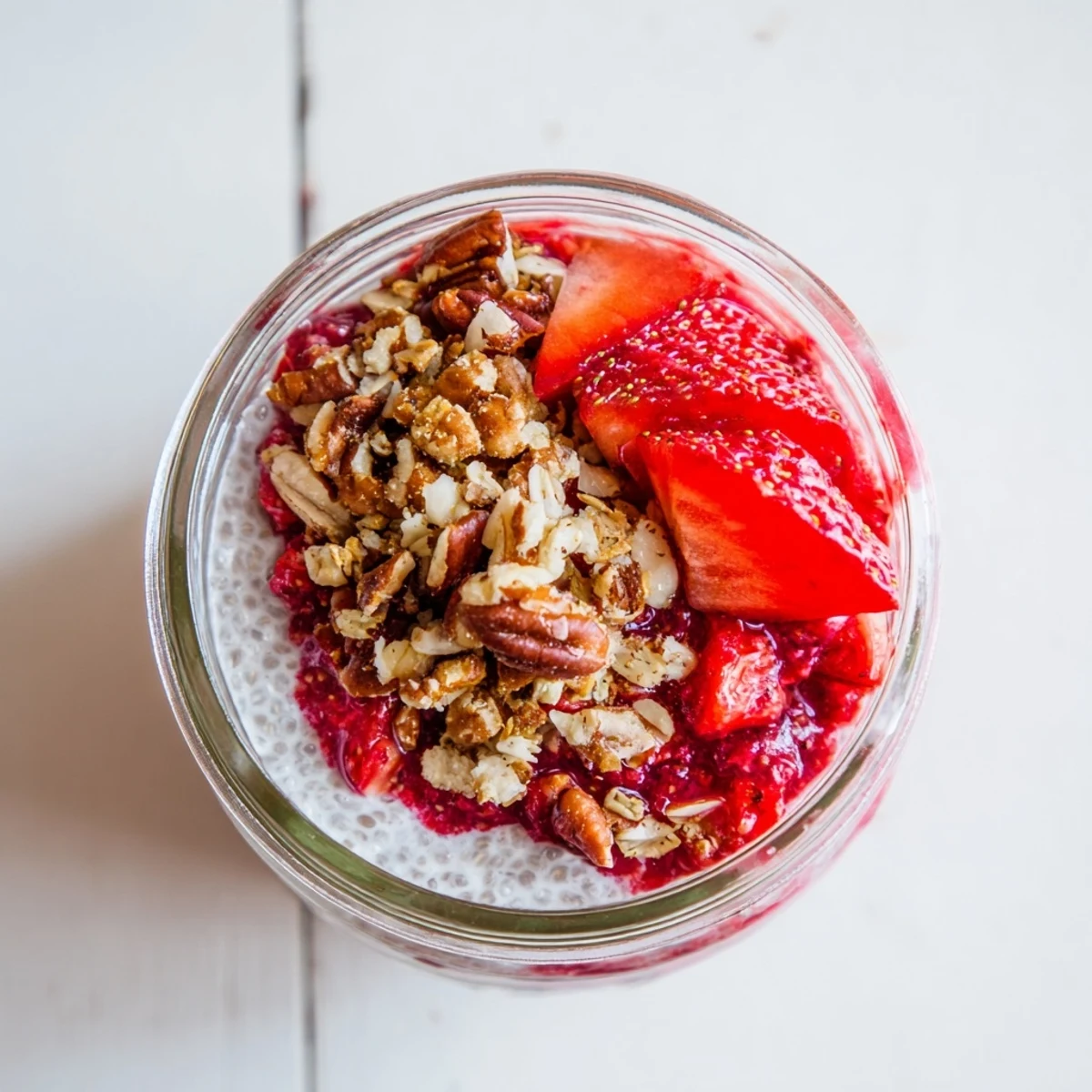 Glass jar displaying layered strawberry crumble chia pudding with fresh strawberry slices on top