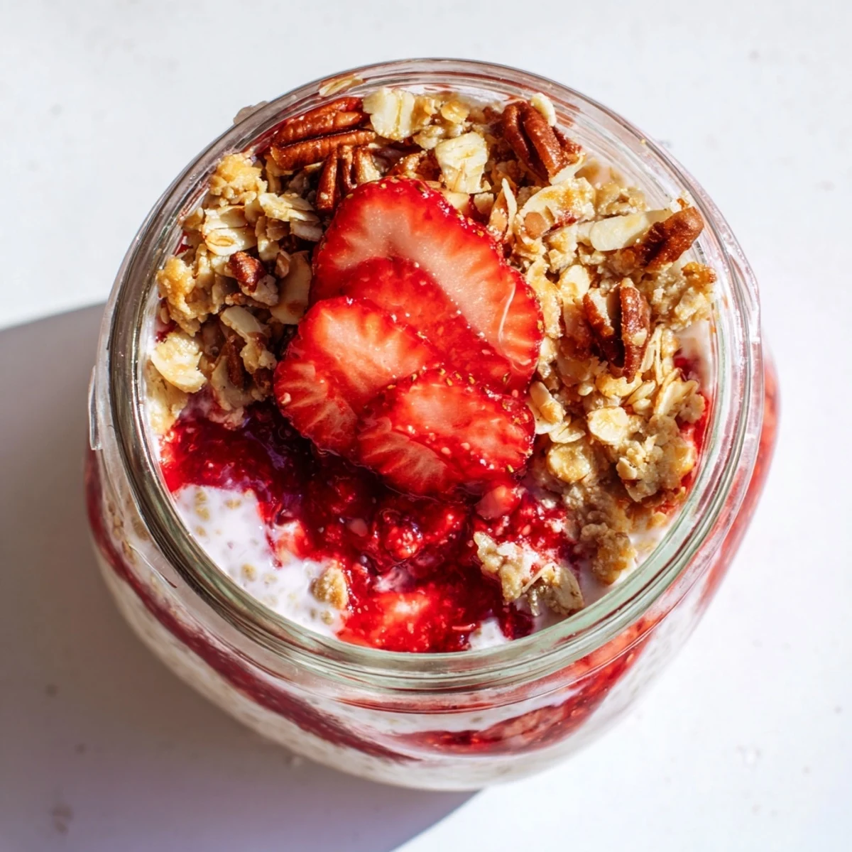 Parfait glass revealing strawberry chia pudding layers with crunchy oat almond topping garnish