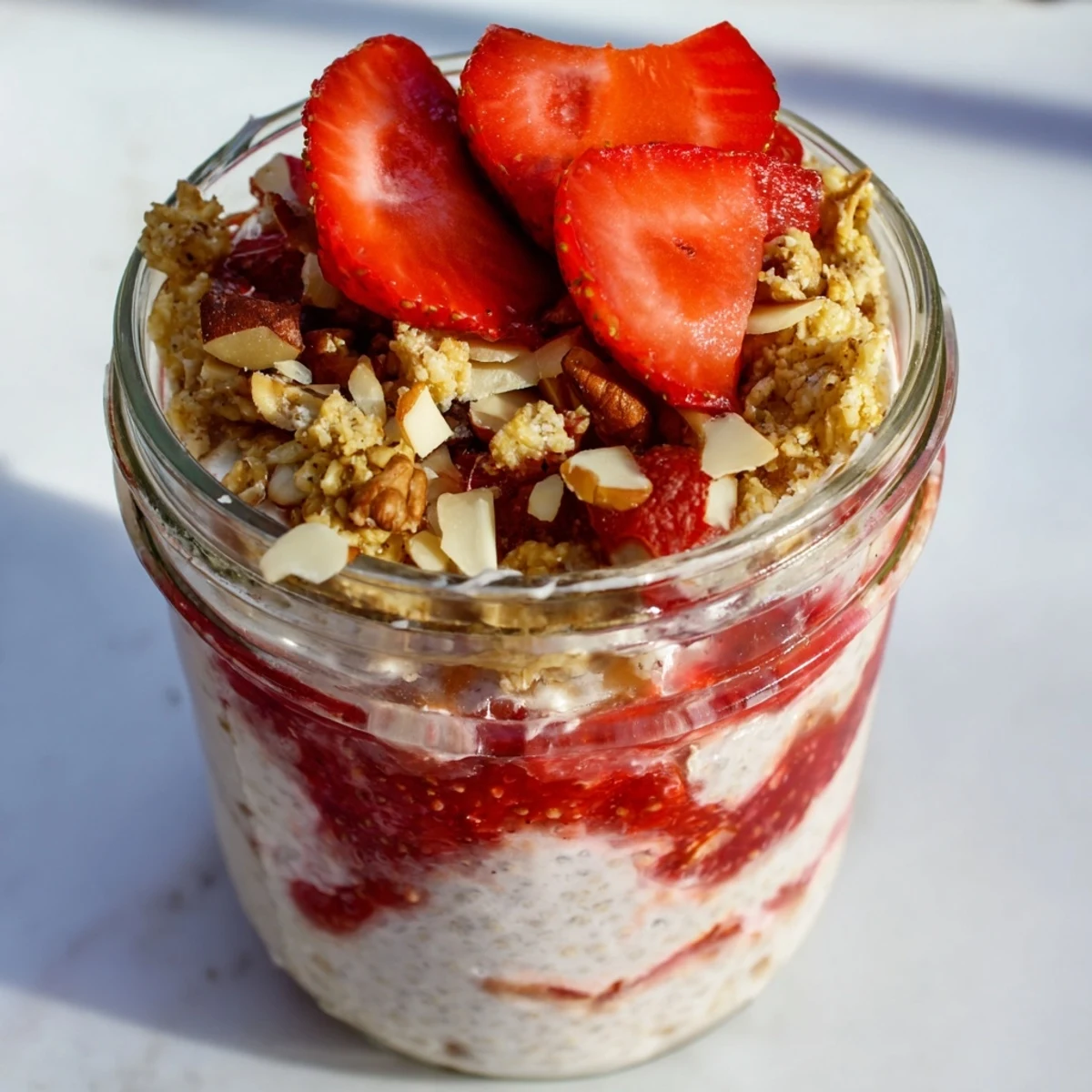 Creamy chia pudding bowl topped with sweet strawberry compote and golden toasted oat crumble