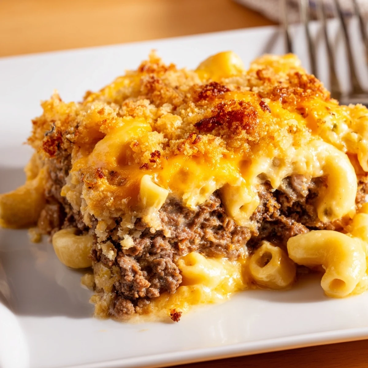Golden baked mac and cheese meatloaf casserole with melted cheddar topping and crispy breadcrumbs