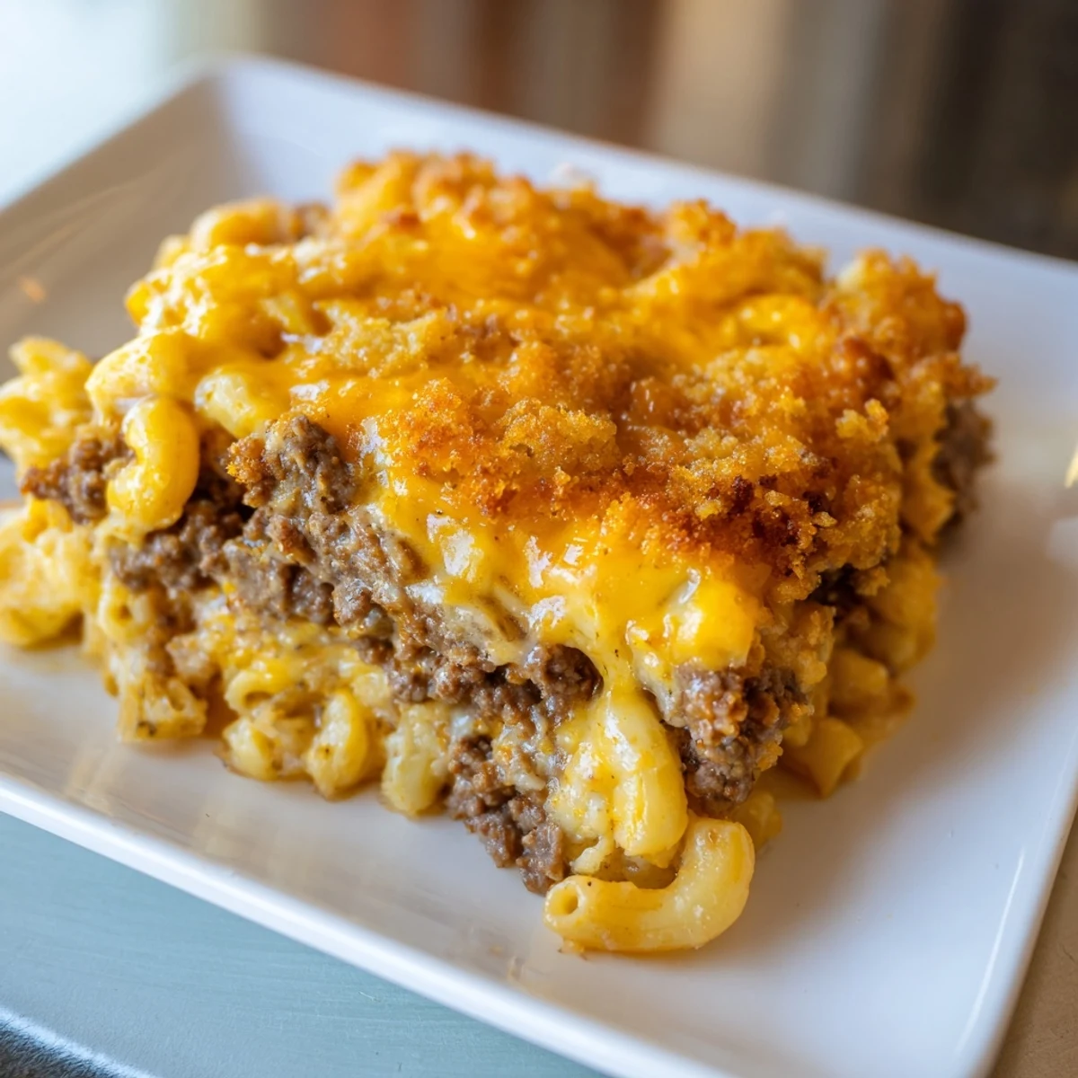 Hearty meatloaf layered with creamy macaroni and cheese baked until bubbly and golden brown