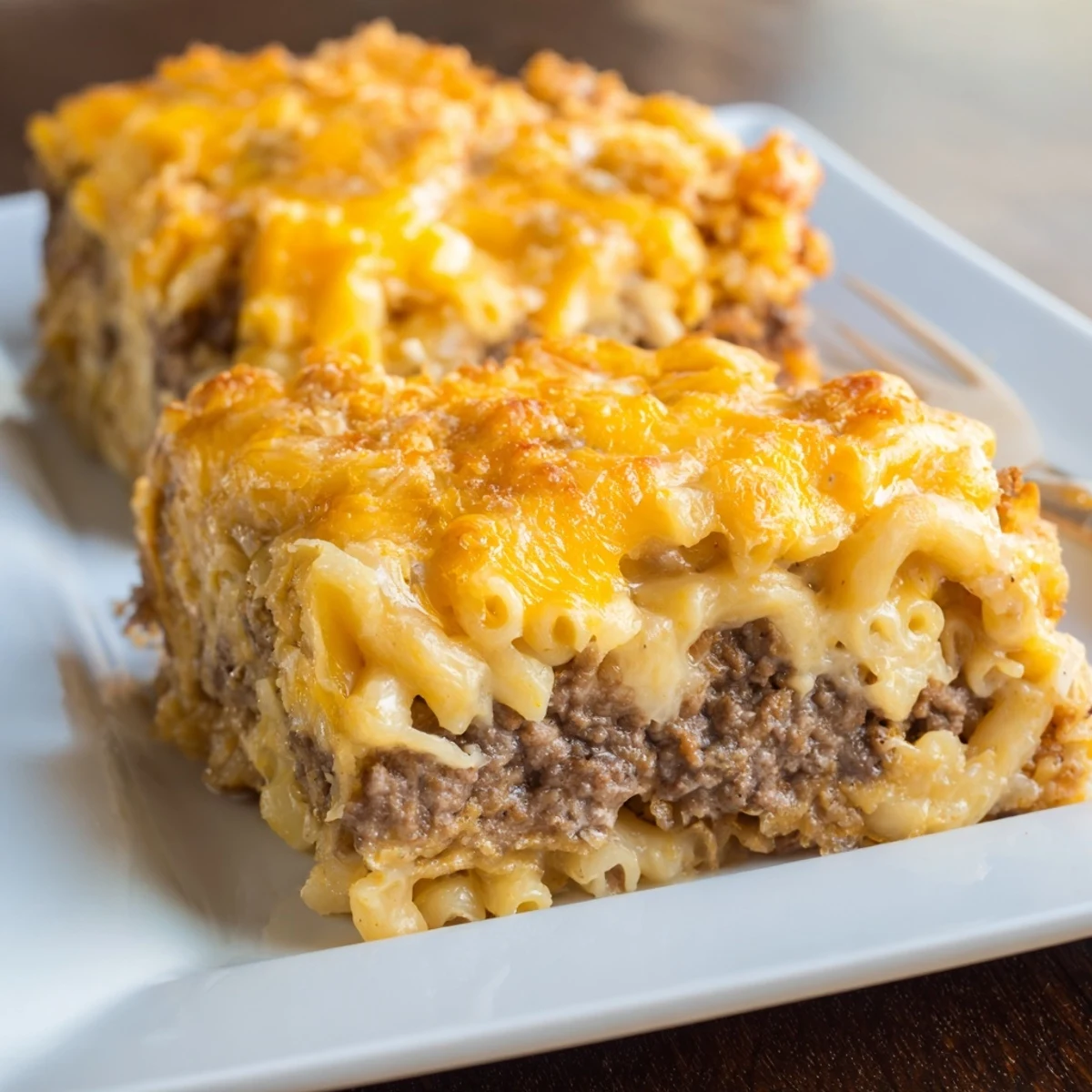 Comforting meatloaf and macaroni casserole topped with melted cheese and buttery panko crumbs