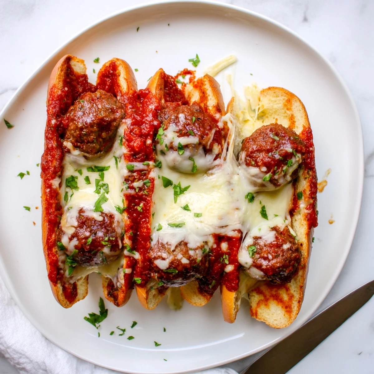 Sliced open sandwich revealing three tender beef meatballs swimming in rich red sauce under bubbly cheese
