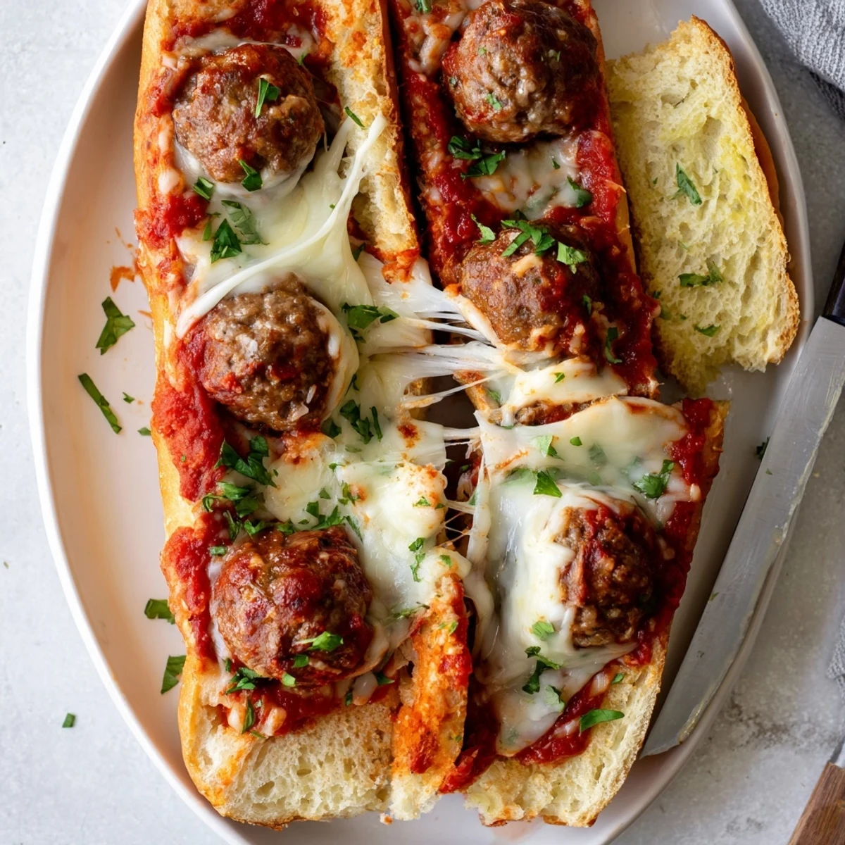 Golden toasted sub roll piled high with meatballs in marinara and melted mozzarella cheese
