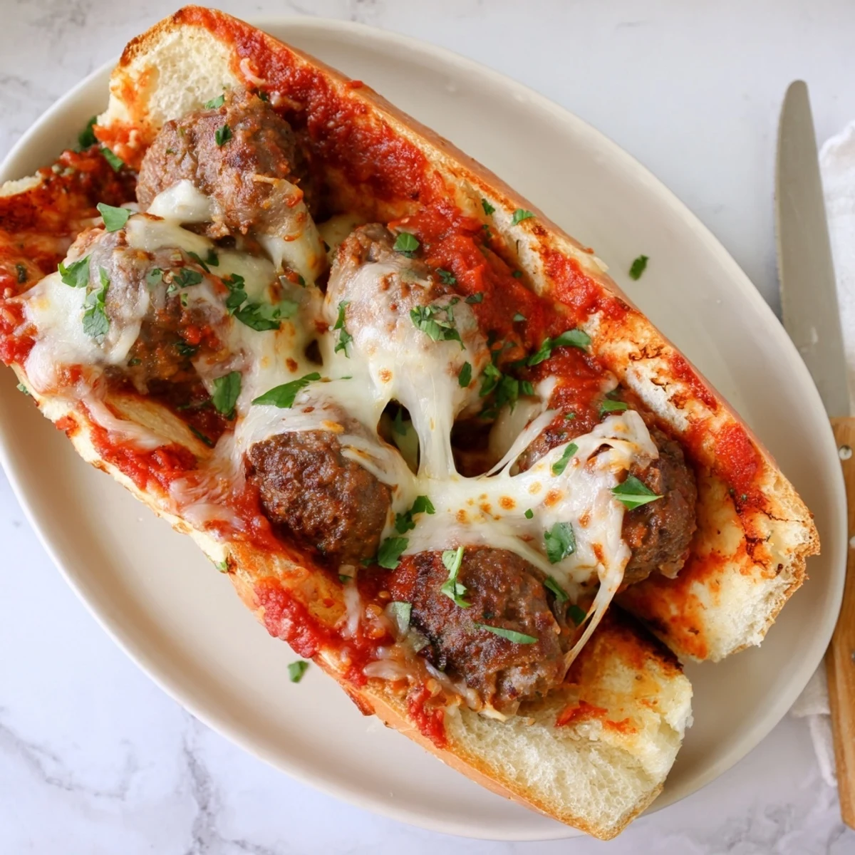 Whole cheesy meatball sub sandwich garnished with fresh basil on a white baking sheet background