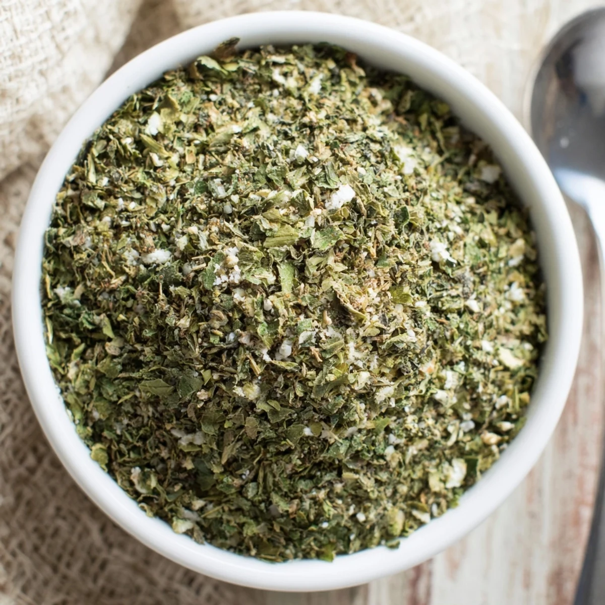 Small bowl of Dehydrated Tzatziki Seasoning Mix, lemony, garlicky, perfect for yogurt