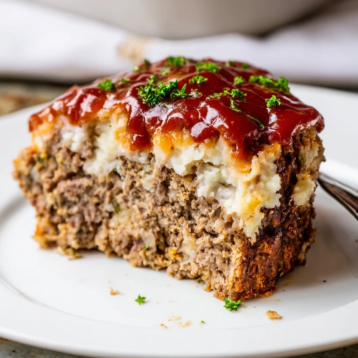 Meatloaf Casserole with golden melted cheddar, bubbling edges, garnished parsley  