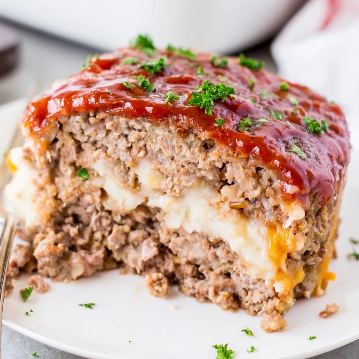 Oven-baked Meatloaf Casserole layered with creamy mashed potatoes and tangy sauce  