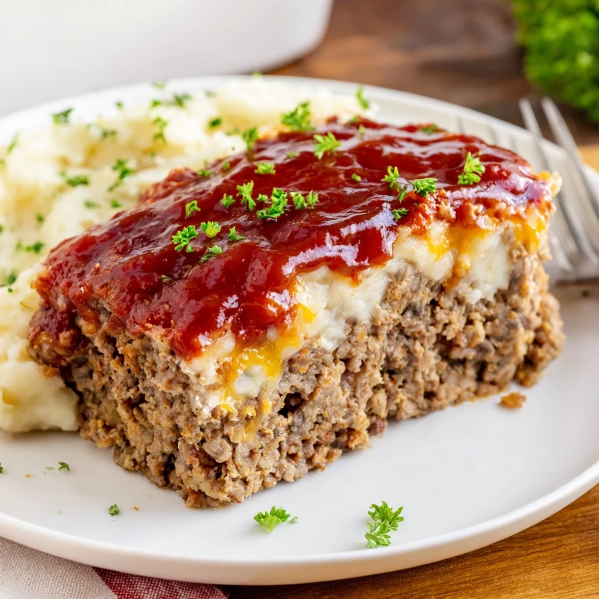 Family-style Meatloaf Casserole sliced and served on plate, warm steam rising