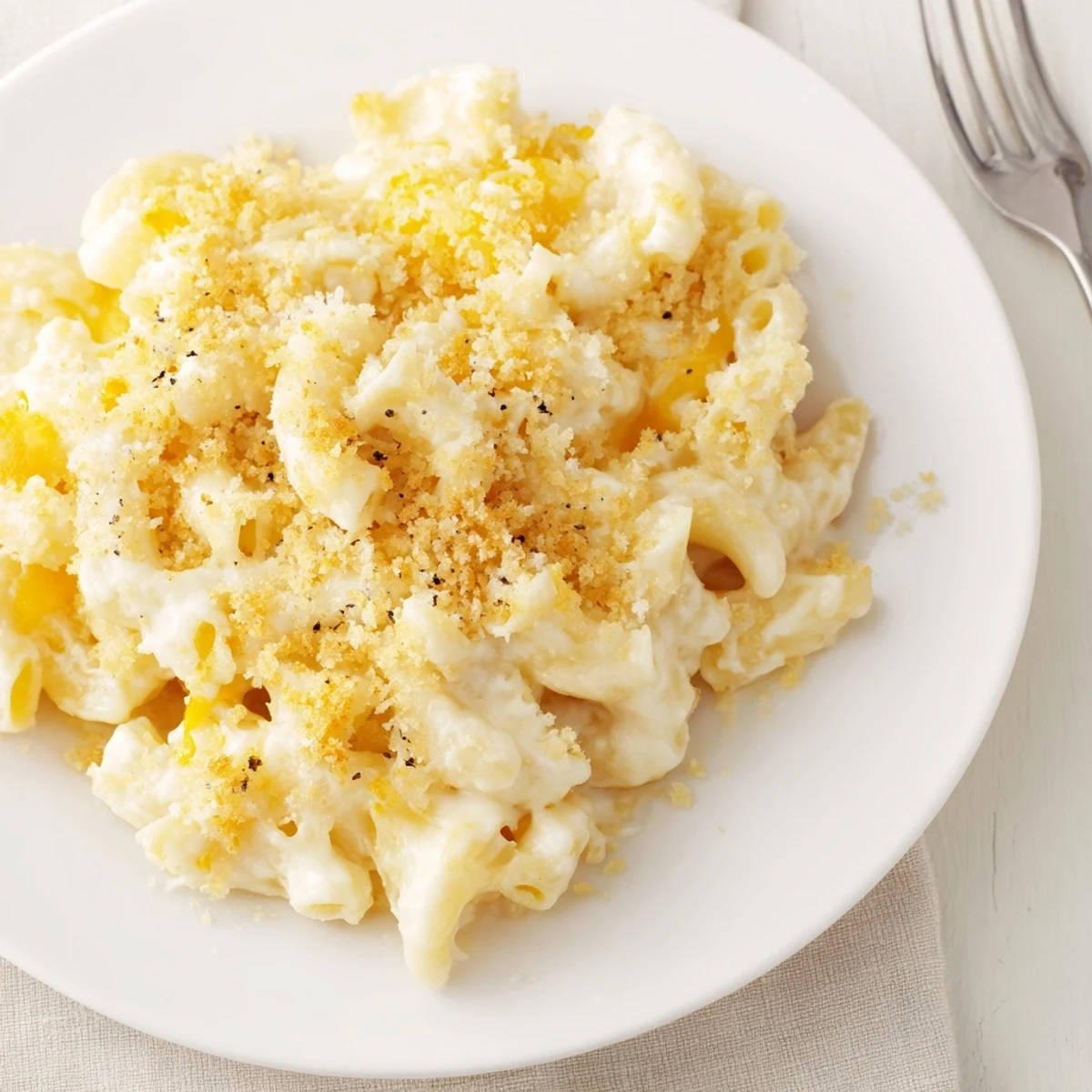 Creamy Mac And Cheese bubbling in dish with golden breadcrumb topping