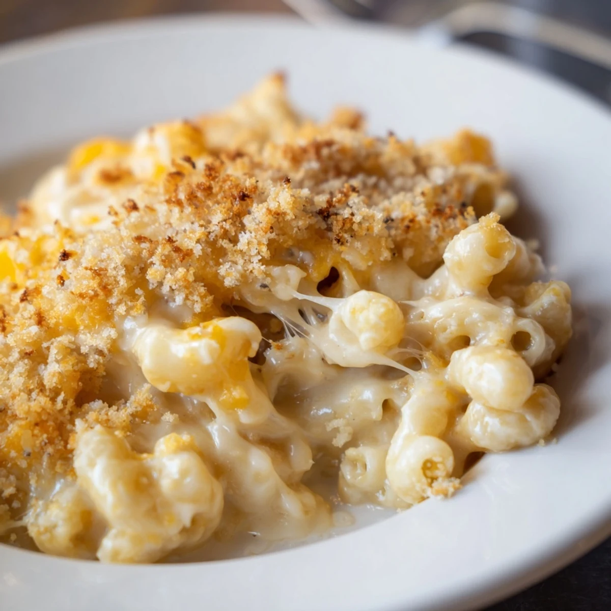 Velvety Mac And Cheese spoonful held over bowl, steam gently rising