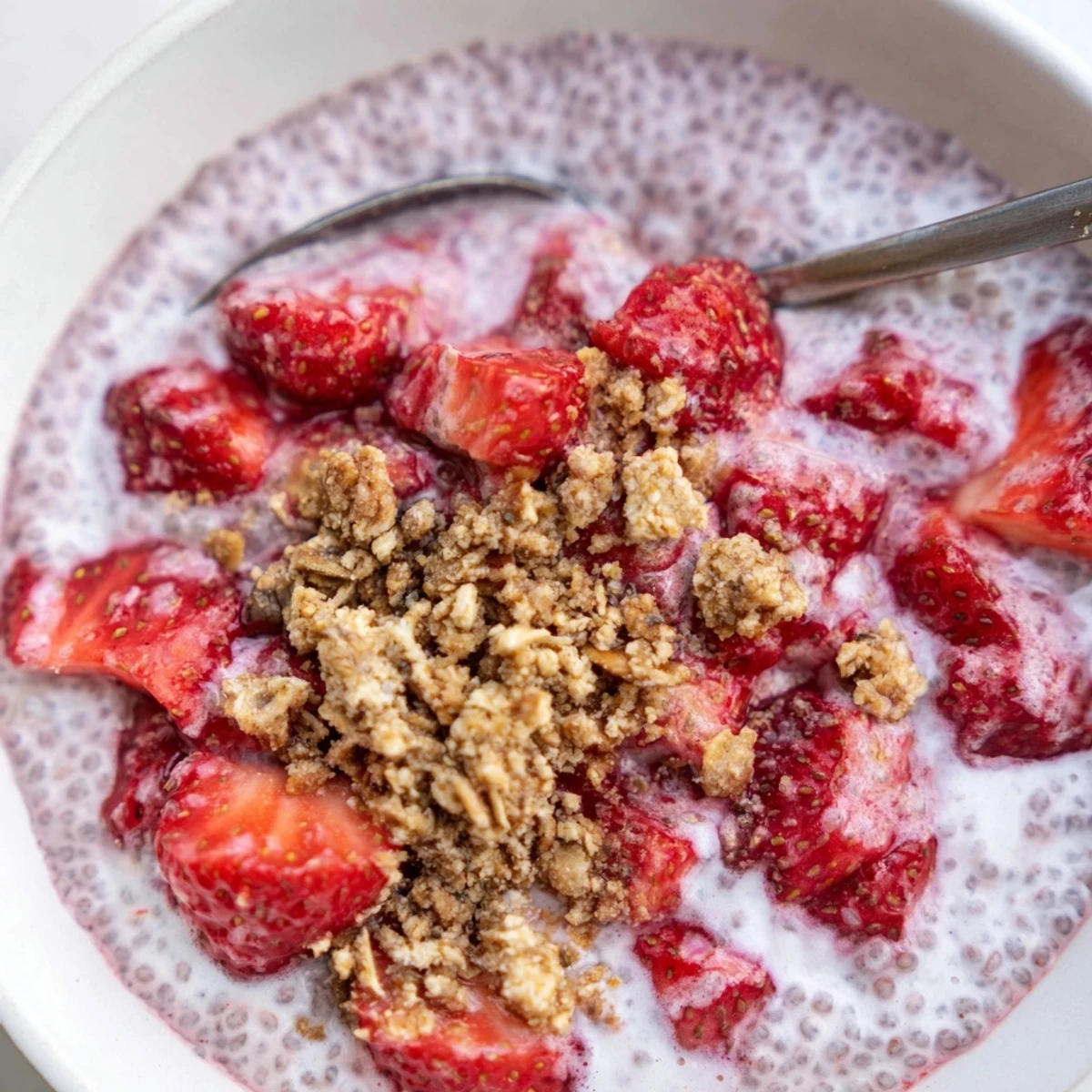 Strawberry Crumble Chia Pudding layered in a jar, creamy chia and crunchy oat topping  