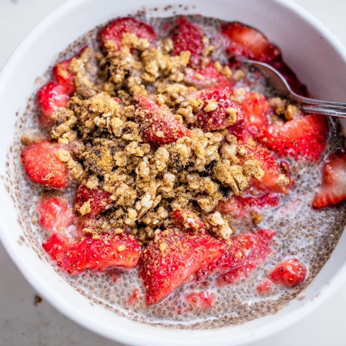 Glass of Strawberry Crumble Chia Pudding garnished with fresh mint and juicy strawberries  