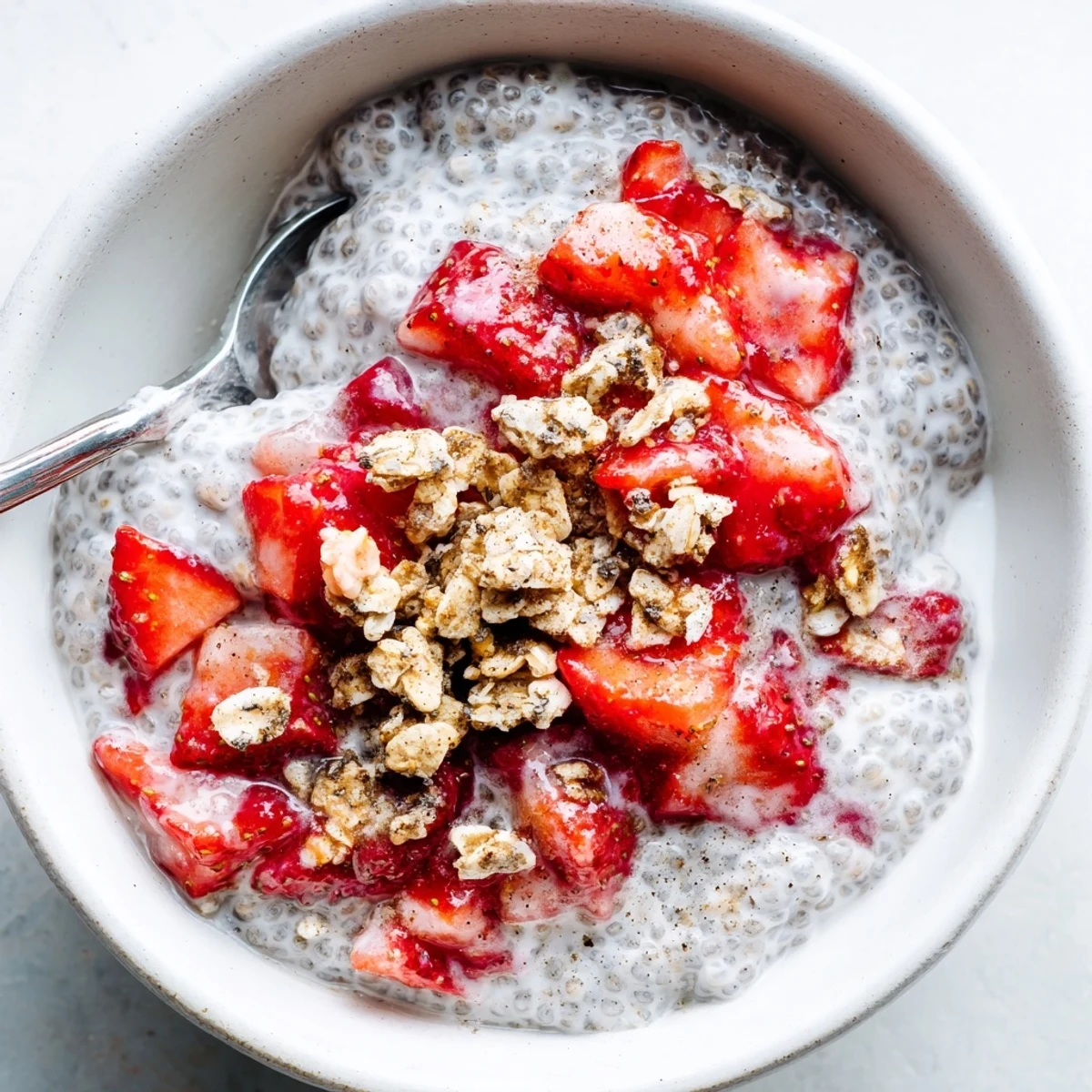 Make-ahead Strawberry Crumble Chia Pudding chilled, layered with tart strawberry compote and oat crumble