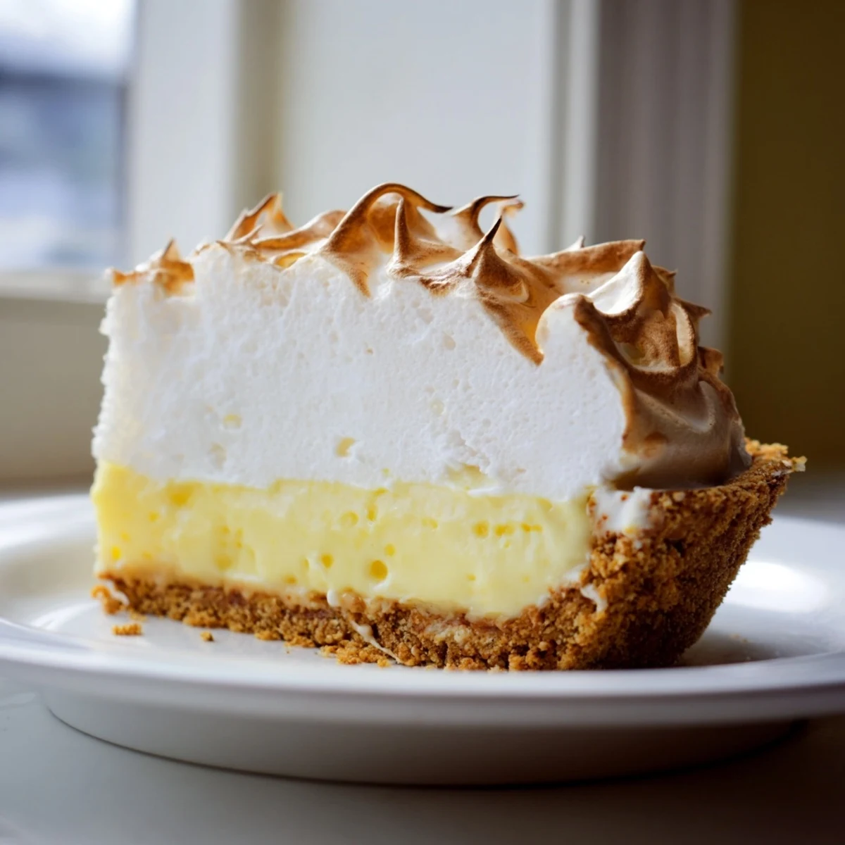Golden real lemon pie with a buttery graham cracker crust sliced on a rustic plate