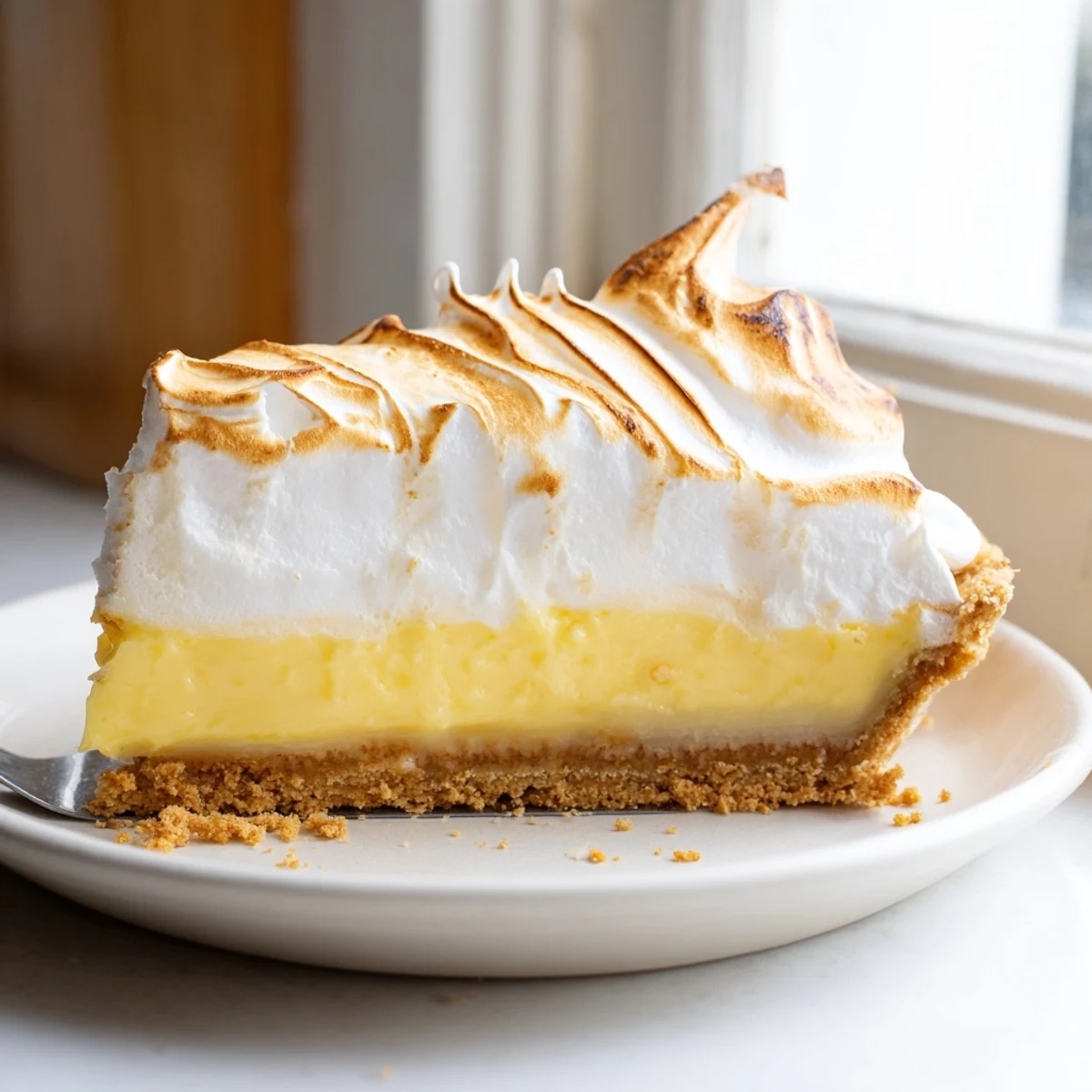 Tangy real lemon pie filling oozing from a crisp crust garnished with fresh lemon slices
