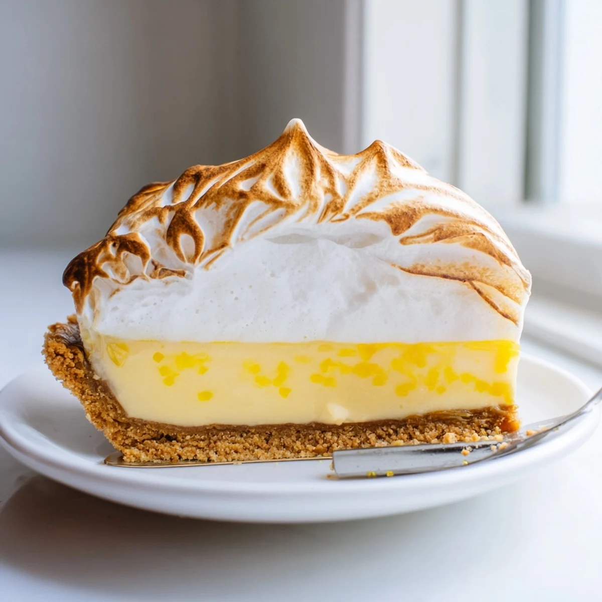Creamy real lemon pie topped with toasted meringue and bright lemon zest curls