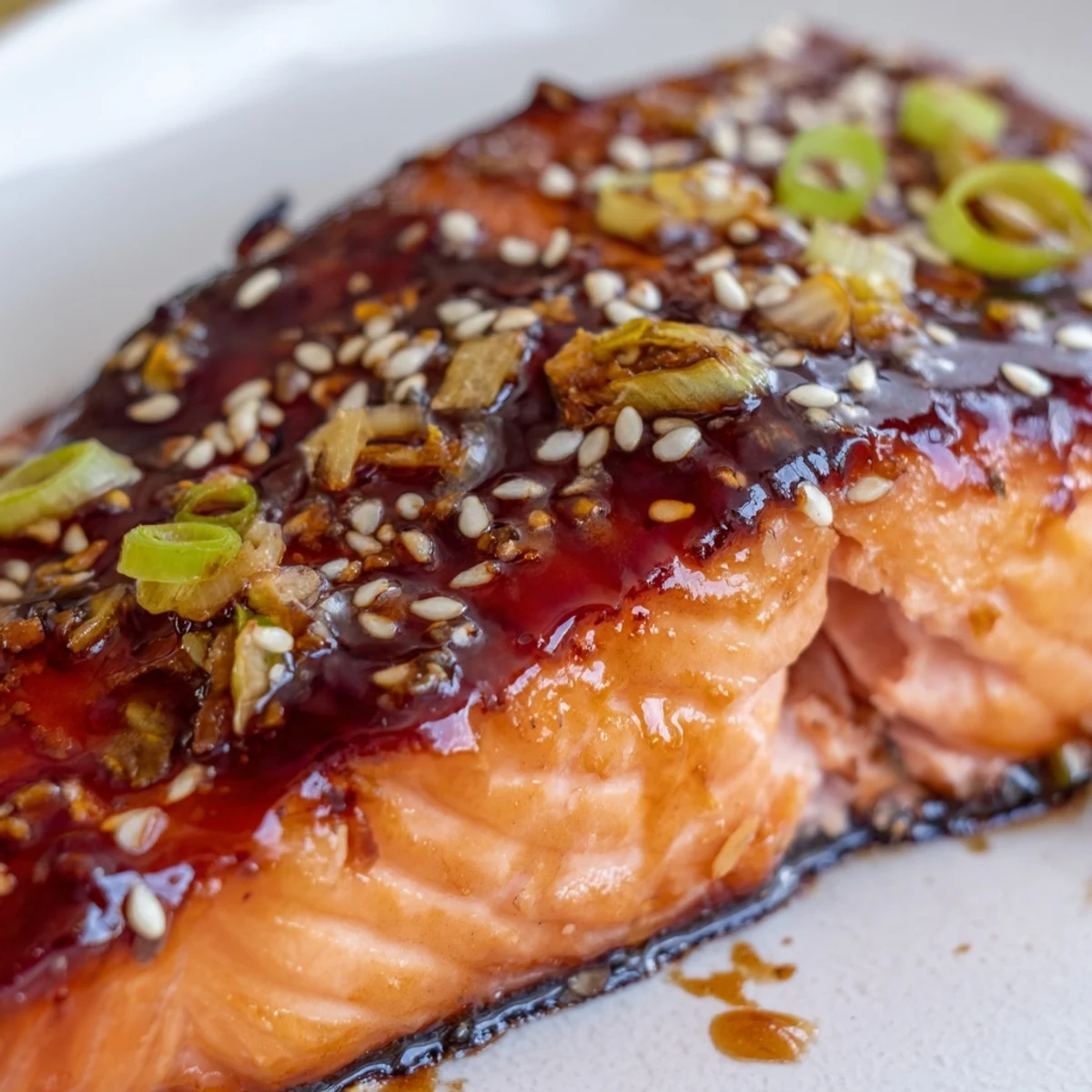 Caramelized gluten-free teriyaki salmon fillets glistening with a thick, sticky glaze on a white plate
