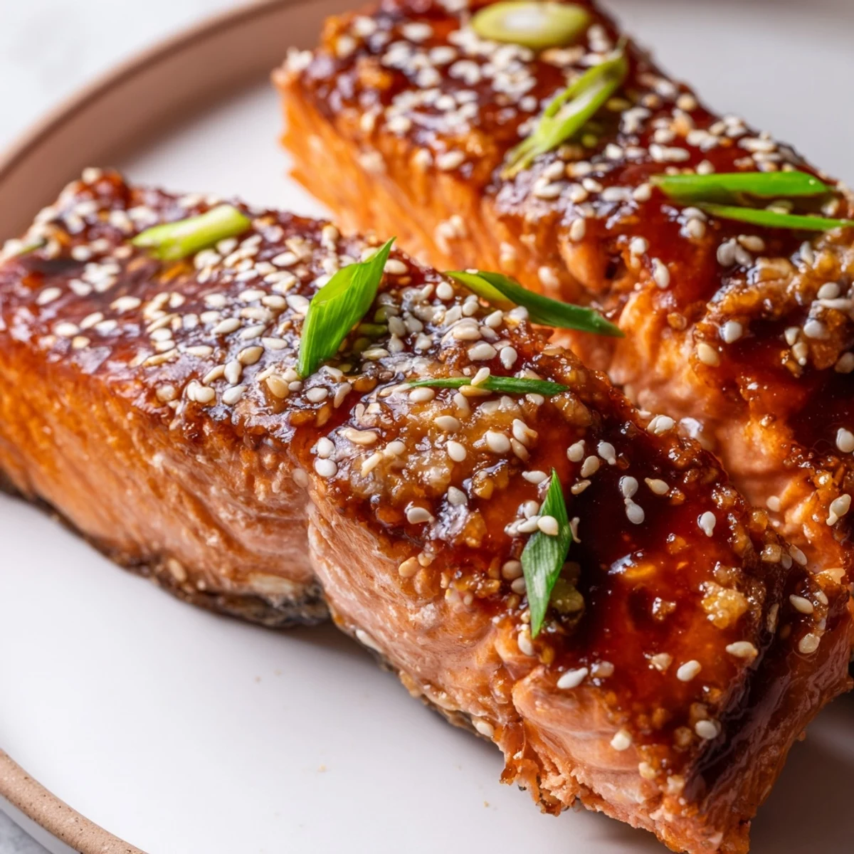 Juicy gluten-free teriyaki salmon plated over steamed rice, drizzled with rich, savory sauce and fresh garnishes
