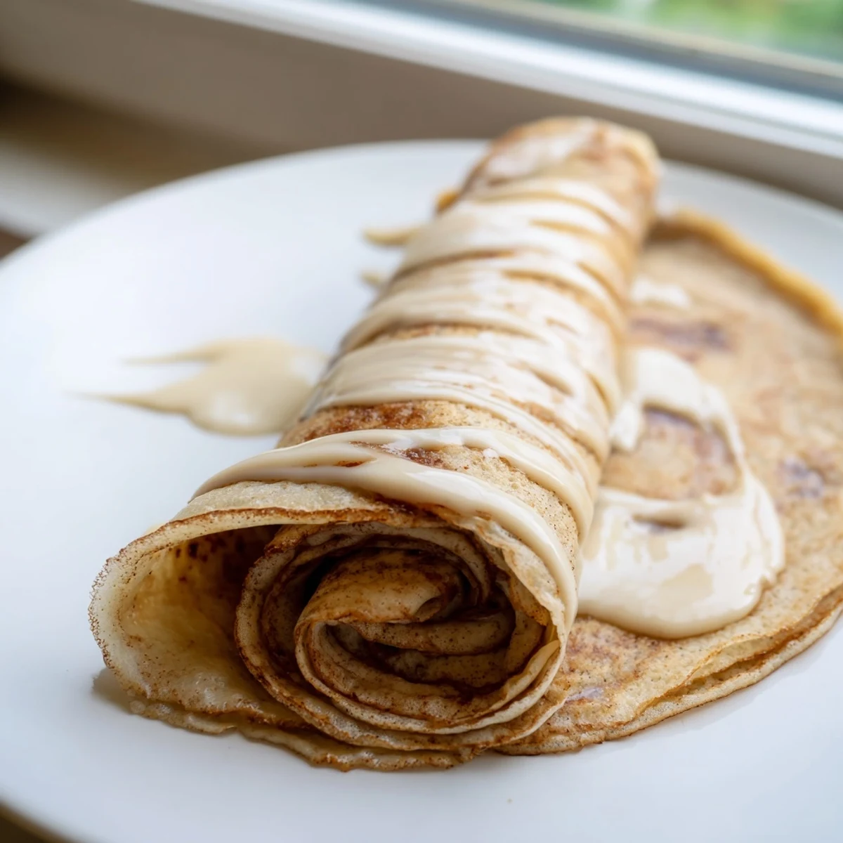 Golden cinnamon roll protein crepes drizzled with creamy vanilla glaze on a warm plate