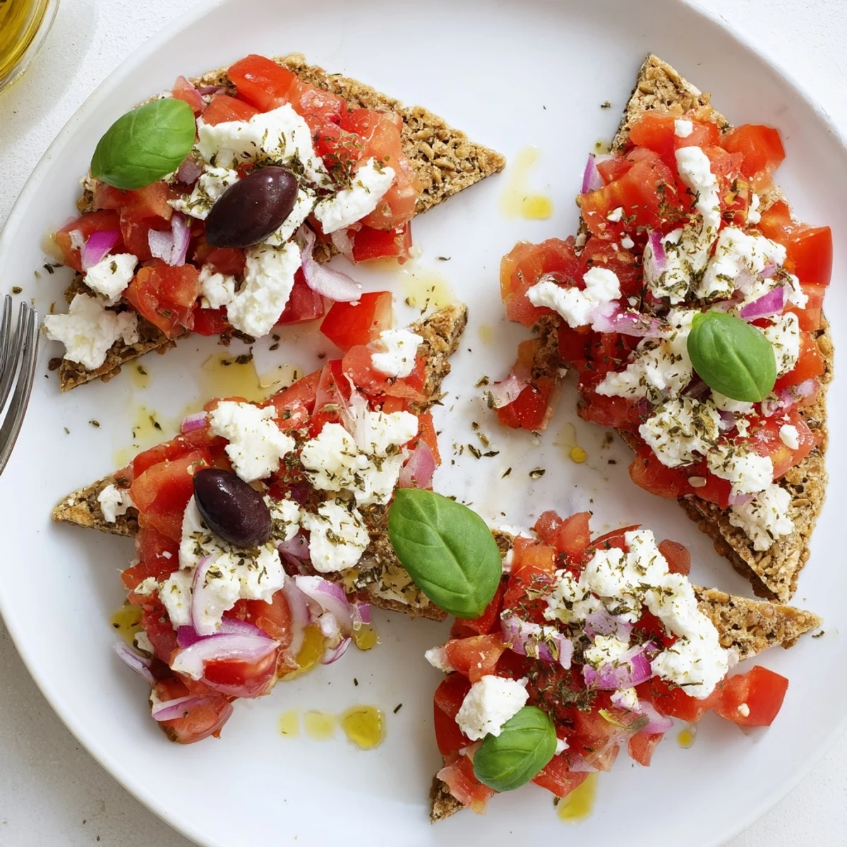 Crispy Cretan Feta Rusks topped with juicy tomatoes, crumbled feta, and fragrant oregano