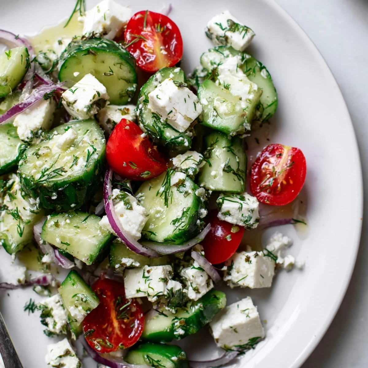 Creamy feta cheese tops cool cucumber halves, cherry tomatoes, and fragrant dill in this refreshing Mediterranean herb salad.