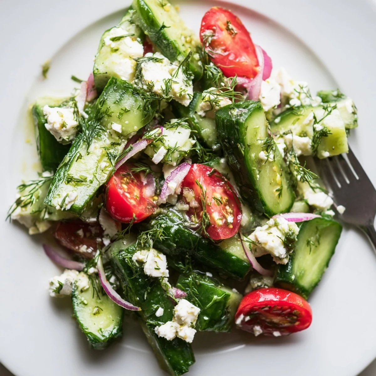 Crisp cucumber slices and crumbled feta tossed with fresh herbs in a bright lemon dressing.