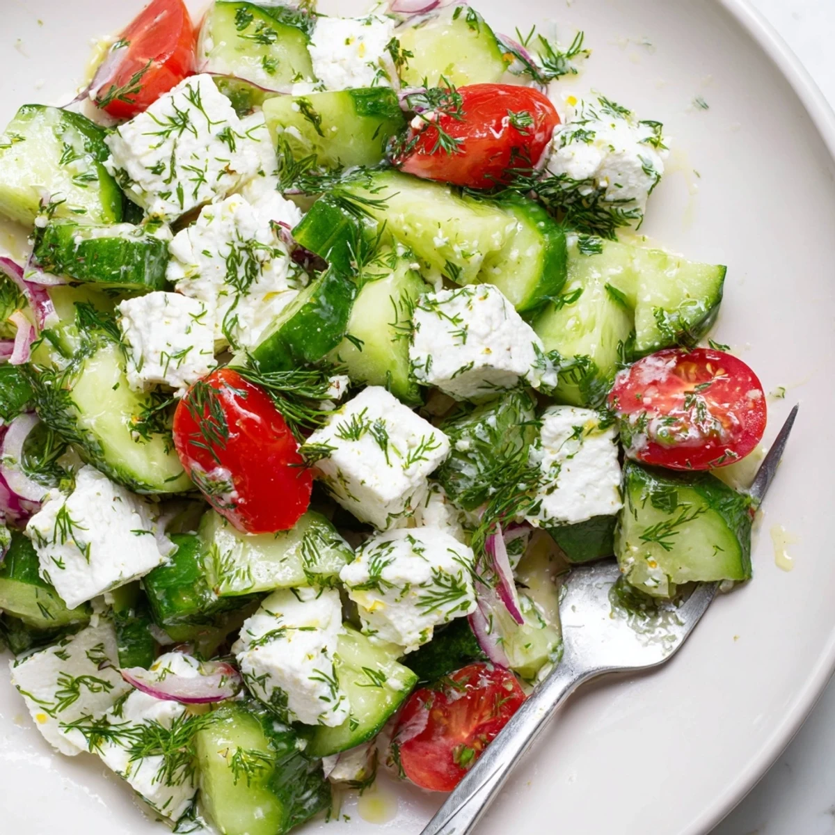 Vibrant green cucumbers, tangy feta crumbles, and mixed herbs fill a rustic bowl ready for serving.