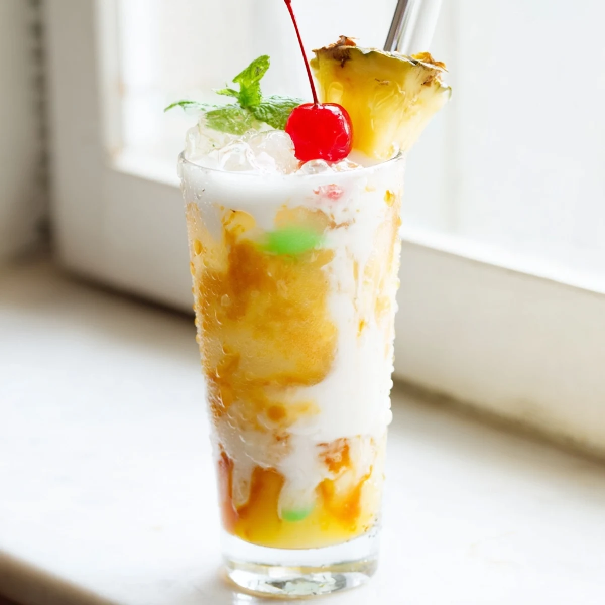 Creamy Tropical Thunder Dirty Soda swirling with coconut and mango syrup over crushed ice