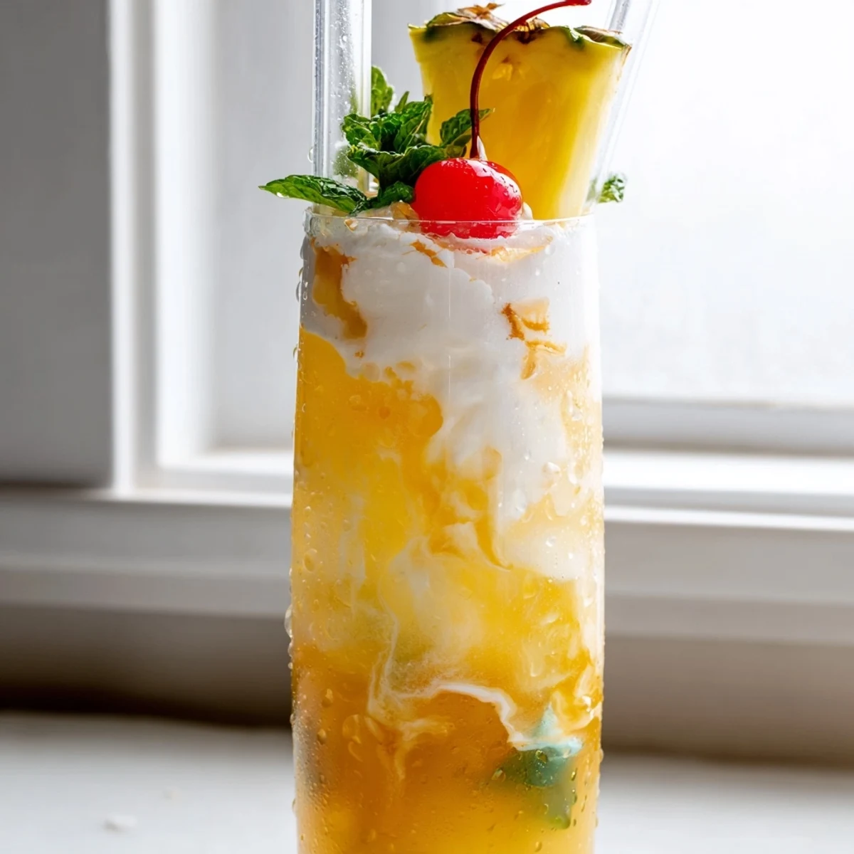 Tropical Thunder Dirty Soda topped with pineapple slices and cherries in tall glasses