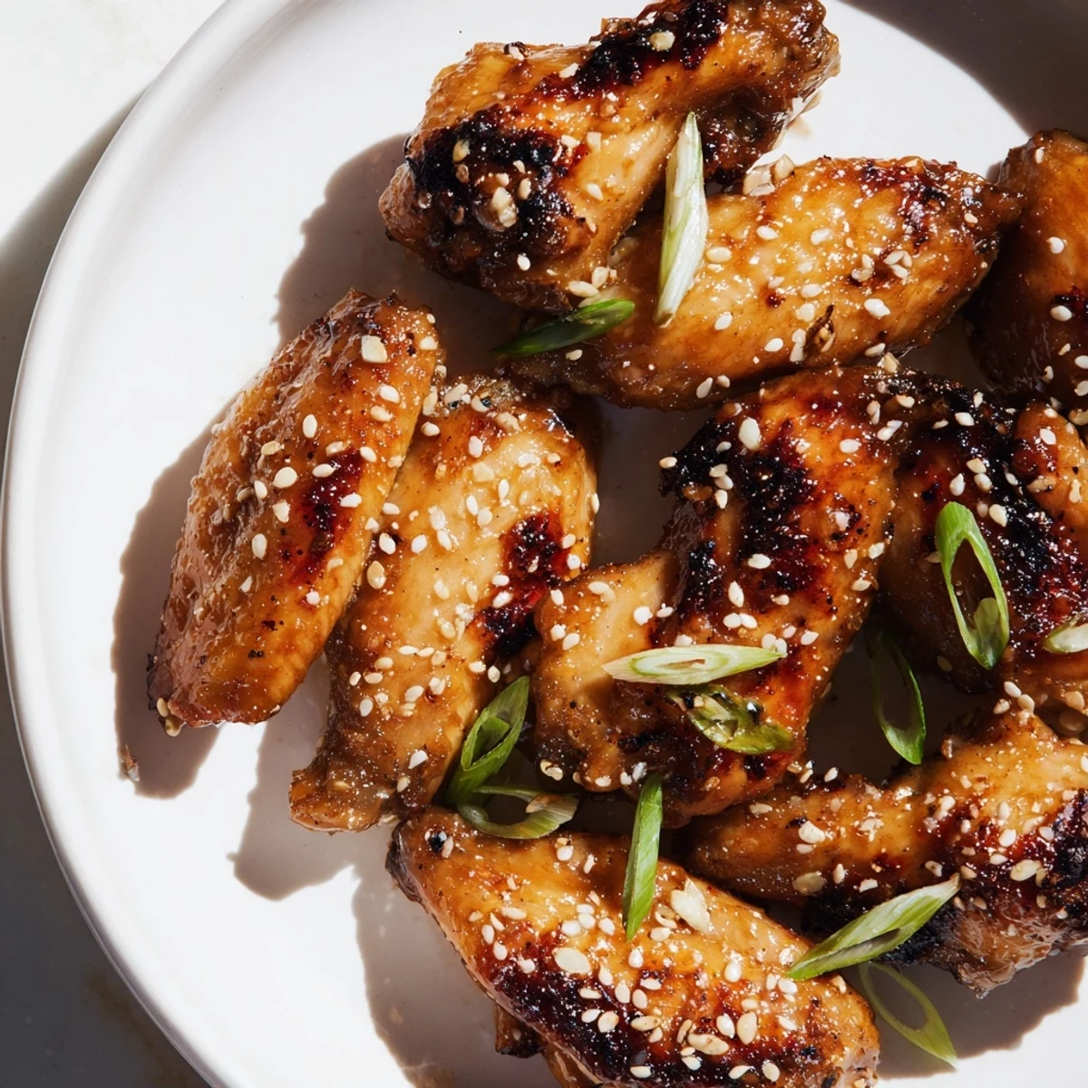 Glistening miso honey marinated chicken wings roasted golden on a parchment-lined baking sheet