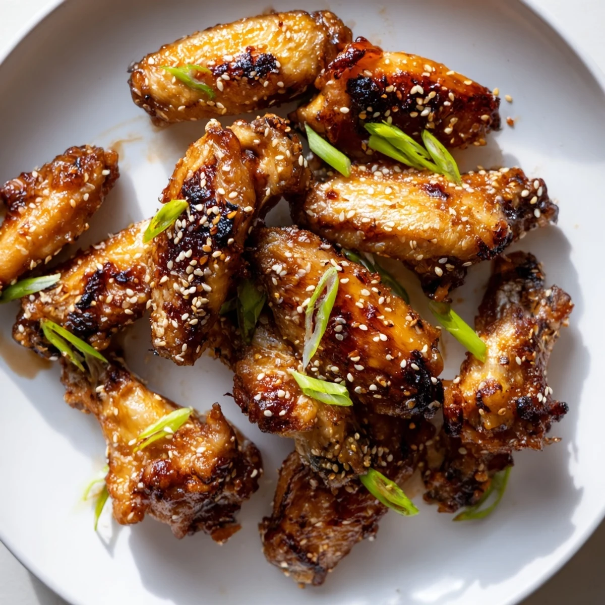 Sticky caramelized miso honey marinated chicken wings topped with sesame seeds and scallions