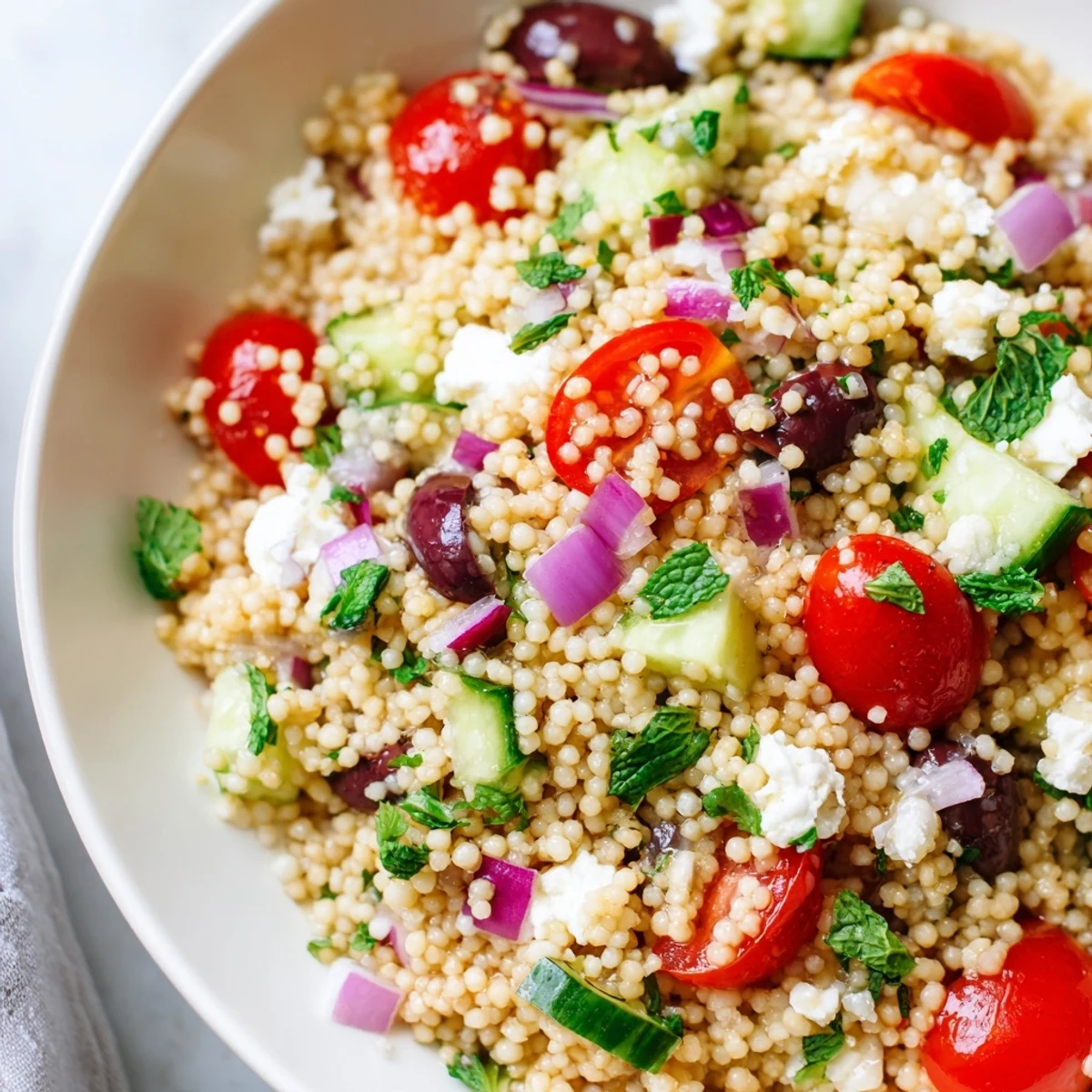 A vibrant Mediterranean couscous salad topped with crumbled feta and fresh herbs