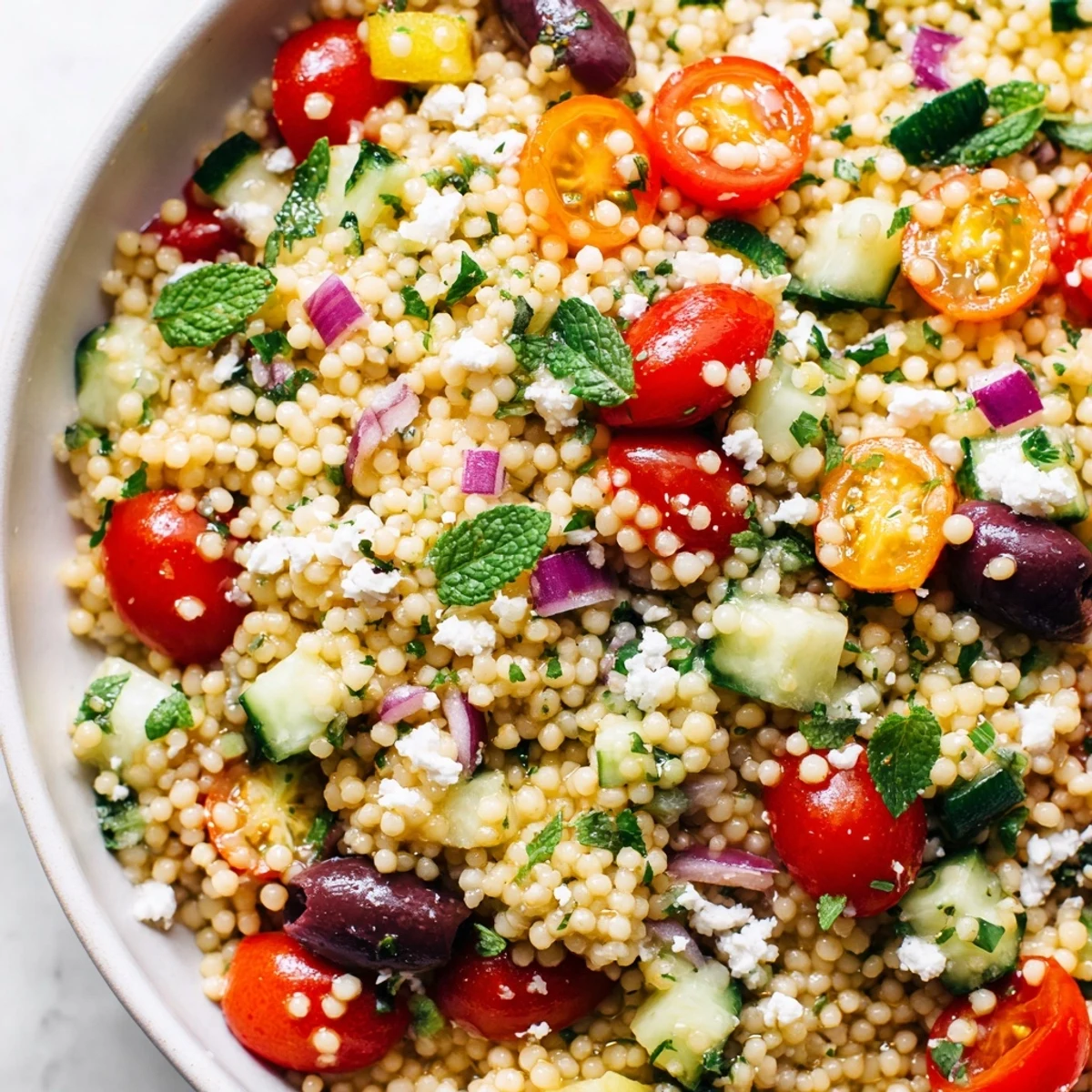 Bright Mediterranean couscous salad served in a bowl with olives and diced cucumber