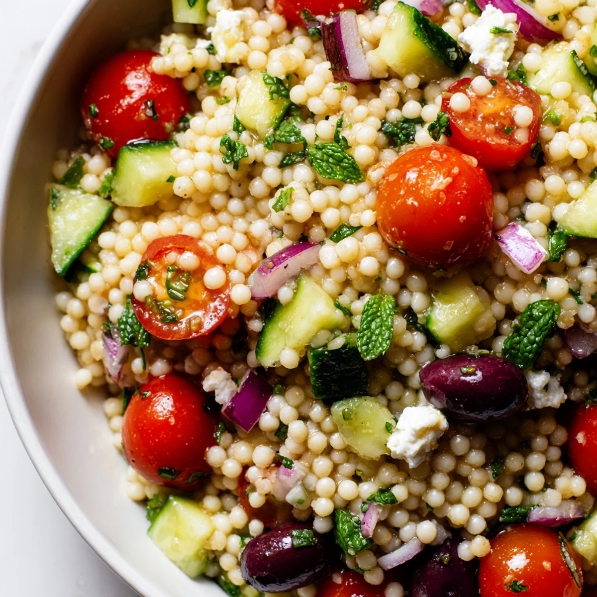 Fluffy couscous tossed with colorful vegetables and tangy hot honey lemon vinaigrette
