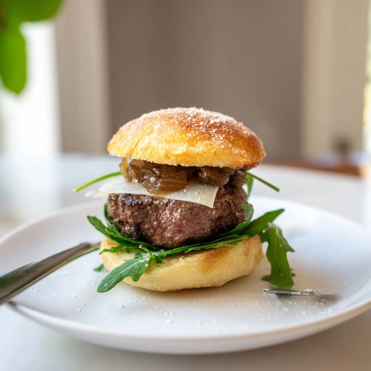 Juicy filet mignon sliders piled with melted cheese on golden garlic parmesan rolls