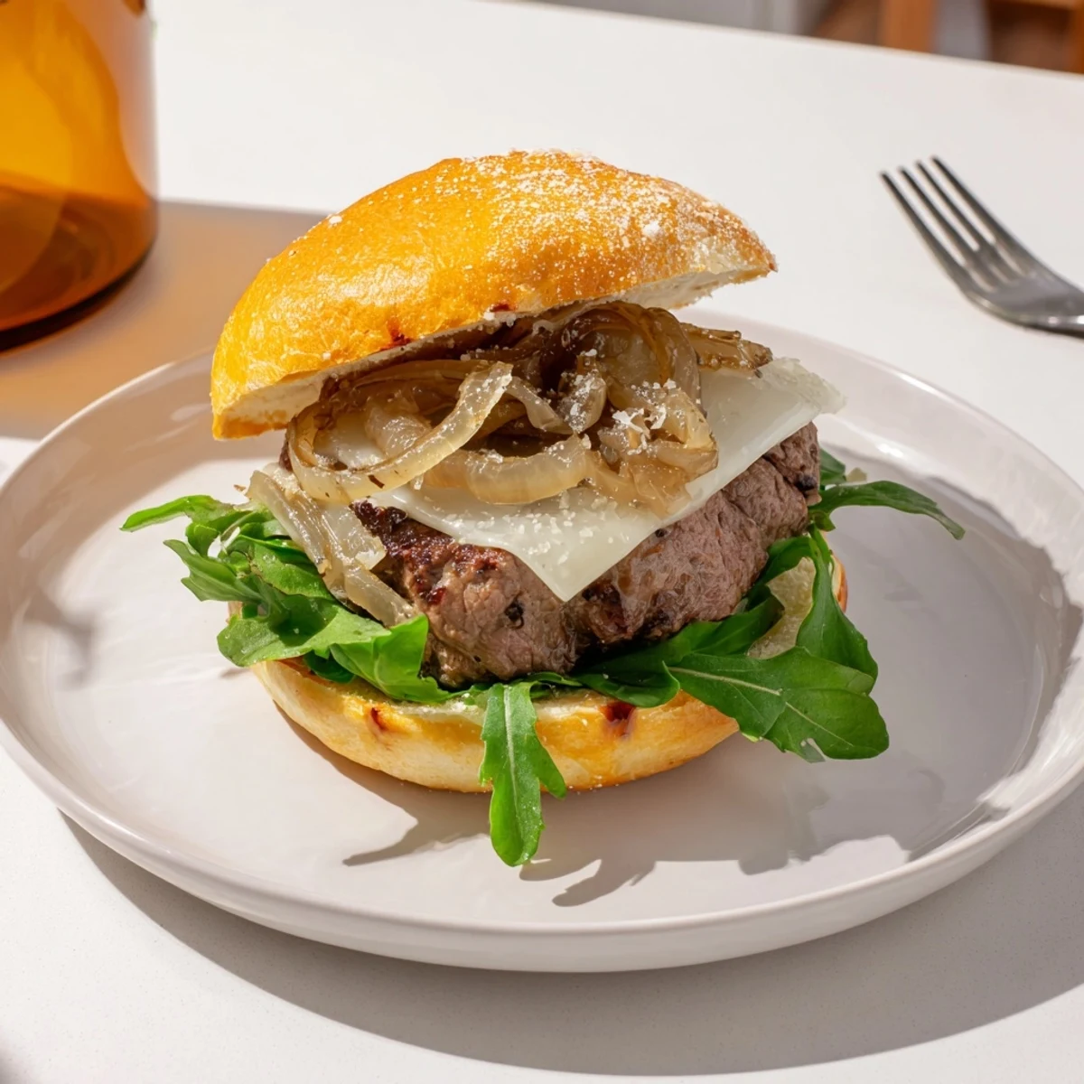 Crispy garlic parmesan rolls cradling seared filet mignon sliders with caramelized onions and arugula
