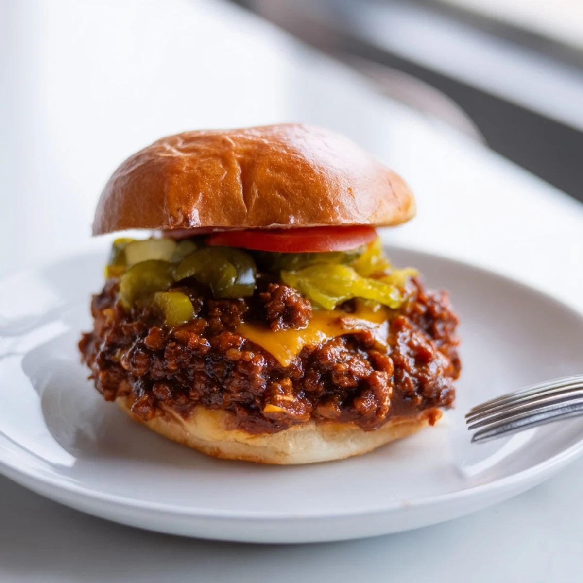 Crispy beef patties crumbled into tangy sauce topped with pickles and shredded lettuce