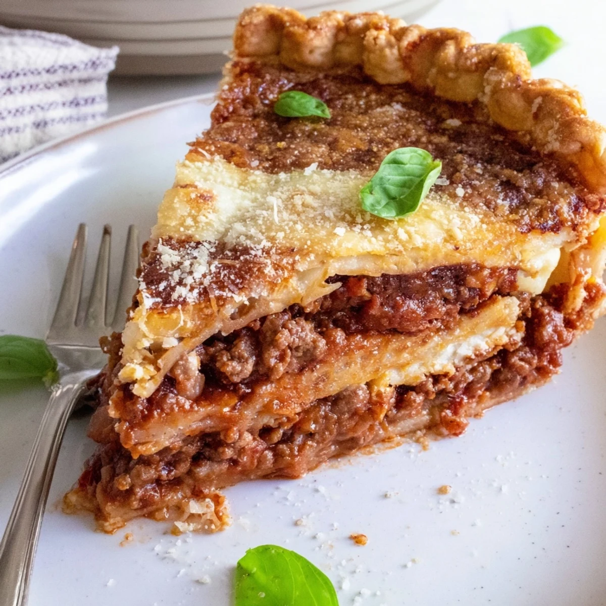 Golden bubbling cheesy lasagna pie with gooey layers fresh from the oven