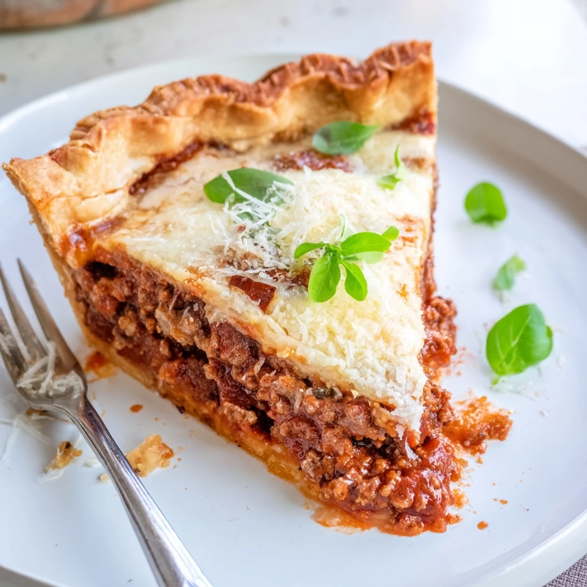 Cheesy lasagna pie sliced to reveal rich meat sauce and melted mozzarella