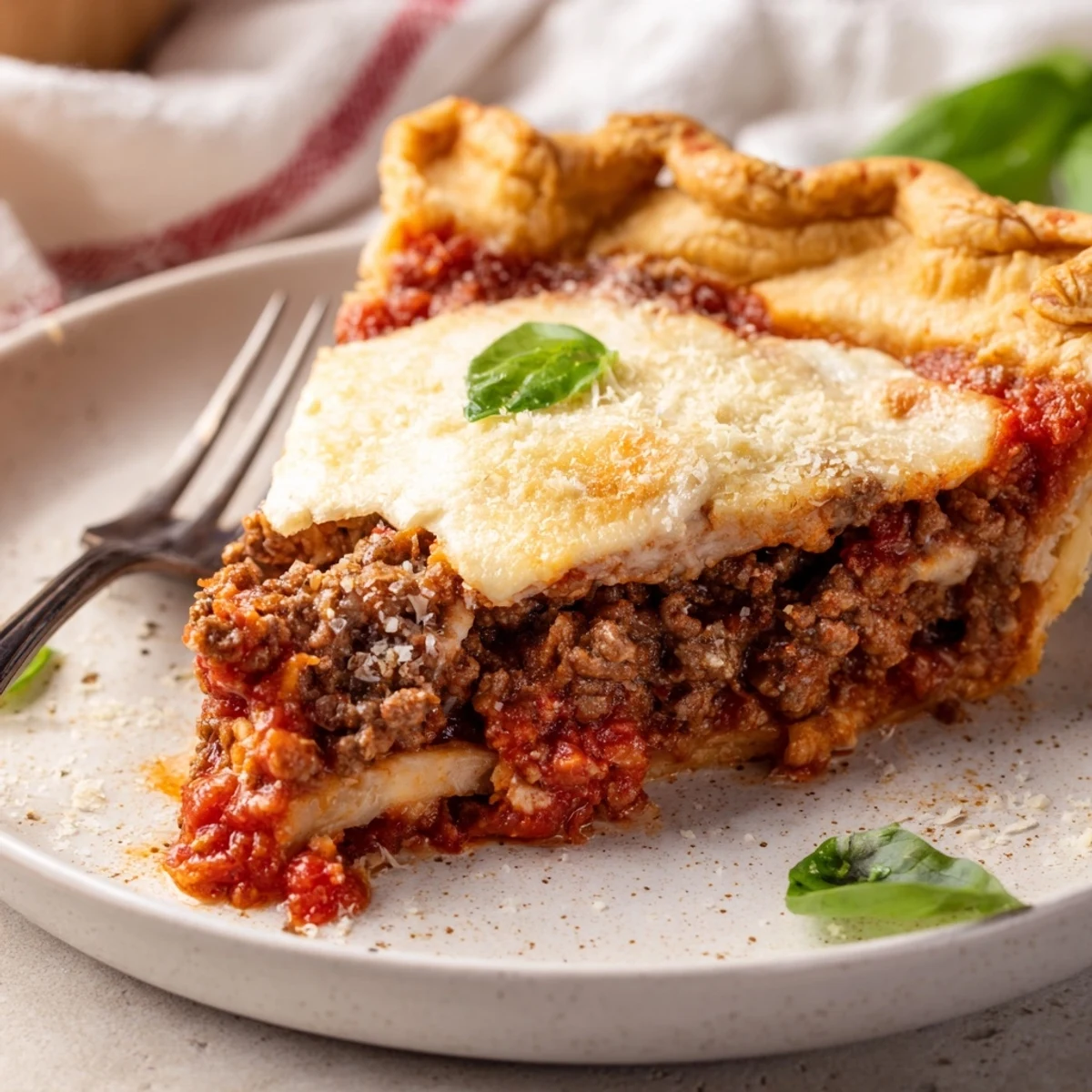 Steaming cheesy lasagna pie with gooey layers garnished with fresh basil leaves